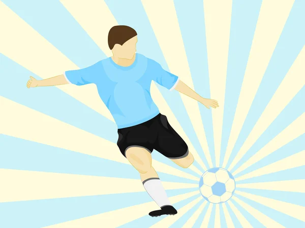 Blue dress soccer player shooting on striped background vector — Stock Vector