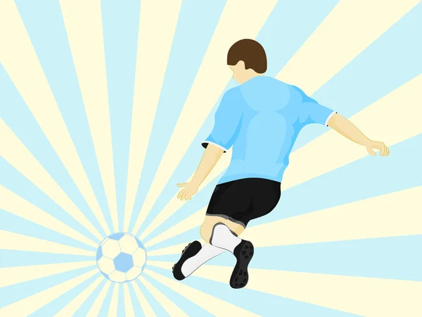 Vestido azul jugador de fútbol disparando sobre rayas vector de fondo — Vector de stock