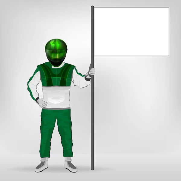 Green overall standing racer holding empty flag vector — Stock Vector