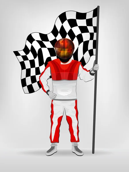 Coureur en rouge tenue générale drapeau vérifié dans le vecteur casque — Image vectorielle