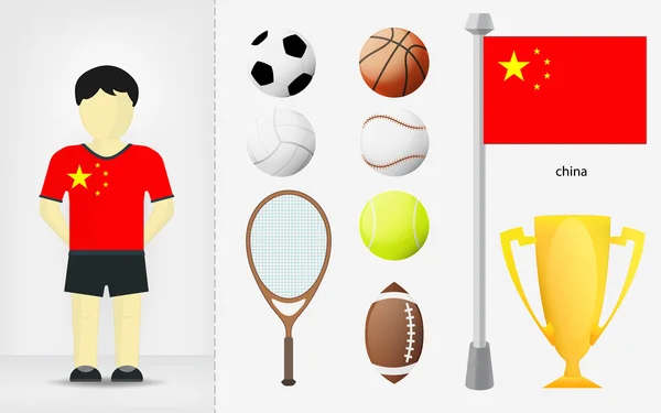 Deportista chino con vector de colección de equipos deportivos — Vector de stock