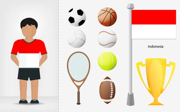 Indonesian sportsman with sport equipment collection vector — Stock Vector