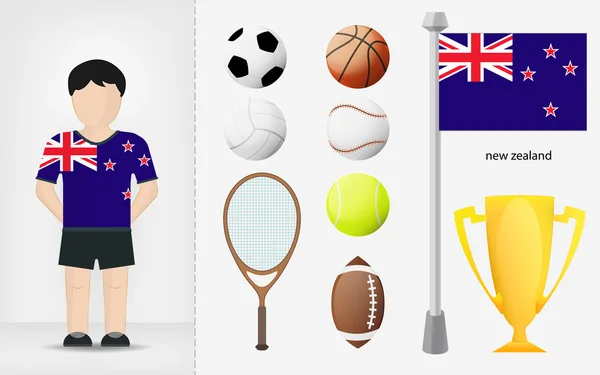 New Zealand sportsman with sport equipment collection vector — Stock Vector