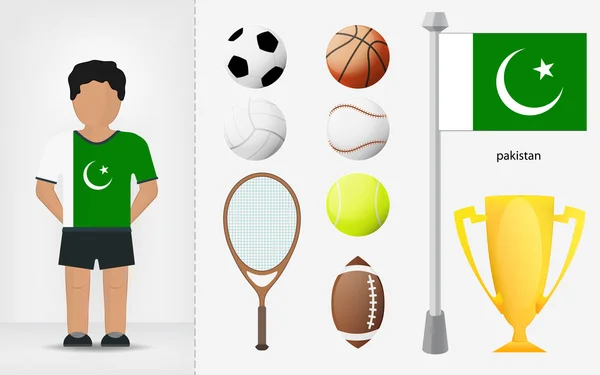 Pakistani sportsman with sport equipment collection vector — Stock Vector