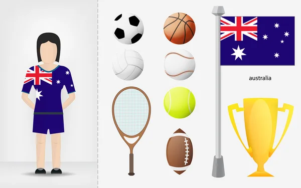 Australian sportswoman with sport equipment collection vector — Stock Vector