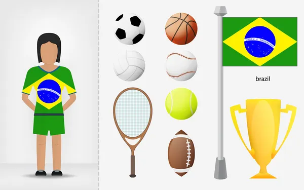 Brazilian sportswoman with sport equipment collection vector — Stock Vector
