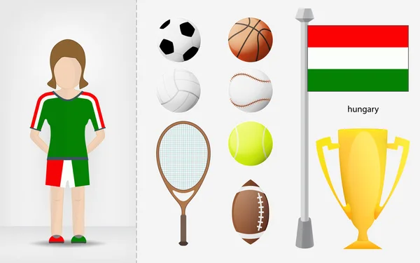 Hungarian sportswoman with sport equipment collection vector — Stock Vector