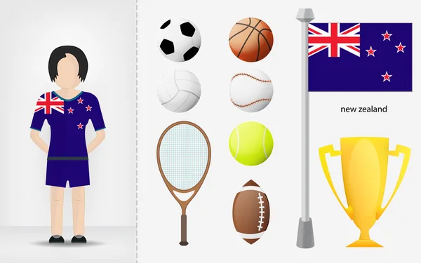 New Zealand sportswoman with sport equipment collection vector — Stock Vector