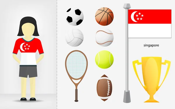 Singaporean sportswoman with sport equipment collection vector — Stock Vector