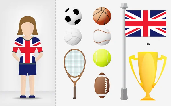 British sportswoman with sport equipment collection vector — Stock Vector