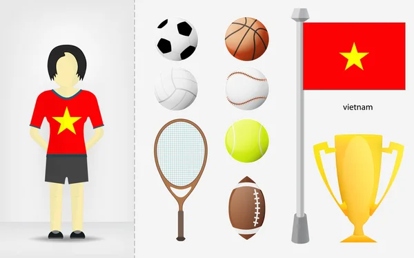 Vietnamese sportswoman with sport equipment collection vector — Stock Vector