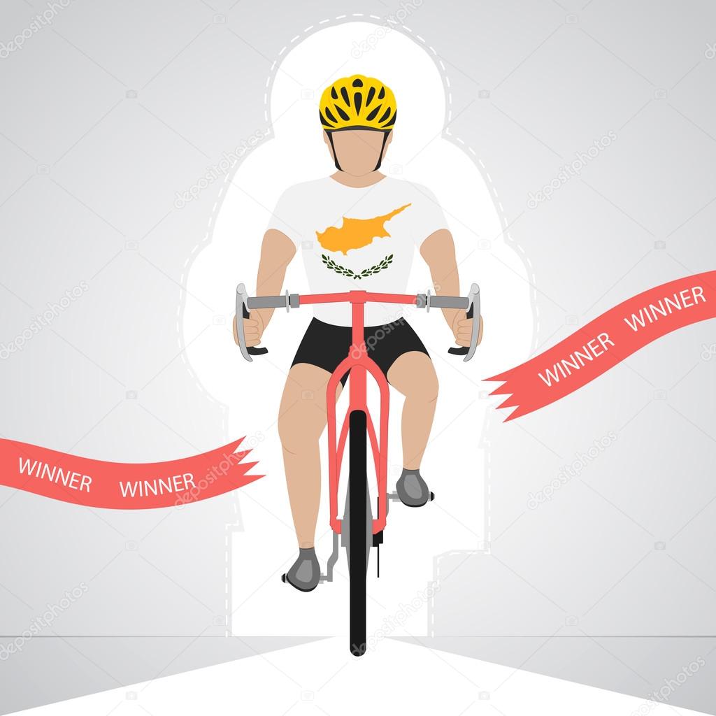 Cyprian cyclist in front view crossing red finish line vector isolated