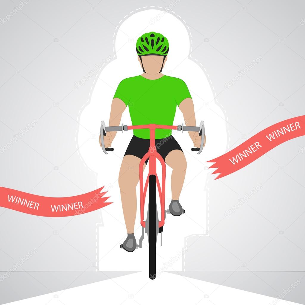 green dressed cyclist in front view crossing red finish line vector isolated