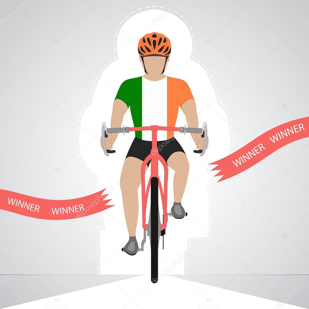Irish cyclist in front view crossing red finish line vector isolated