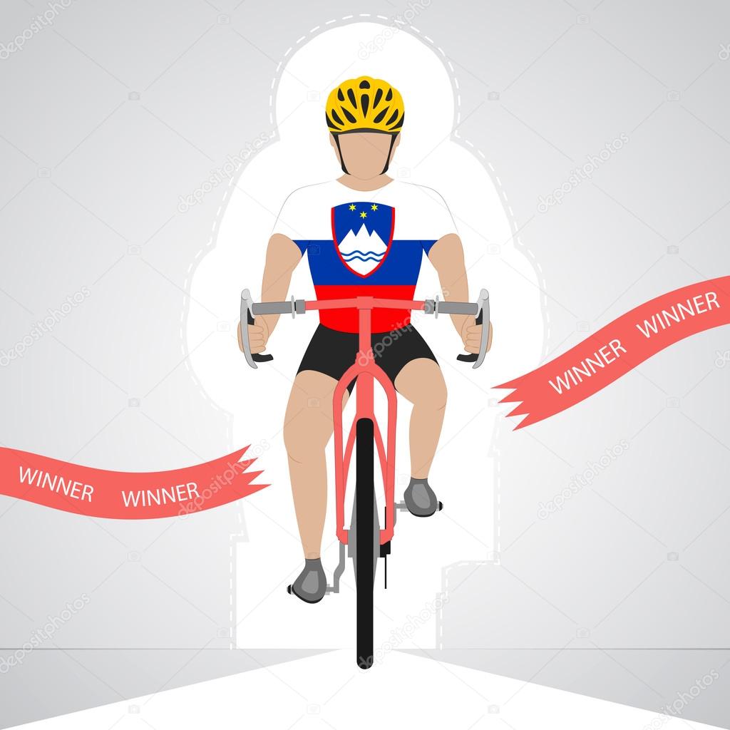 Slovenian cyclist in front view crossing red finish line vector isolated