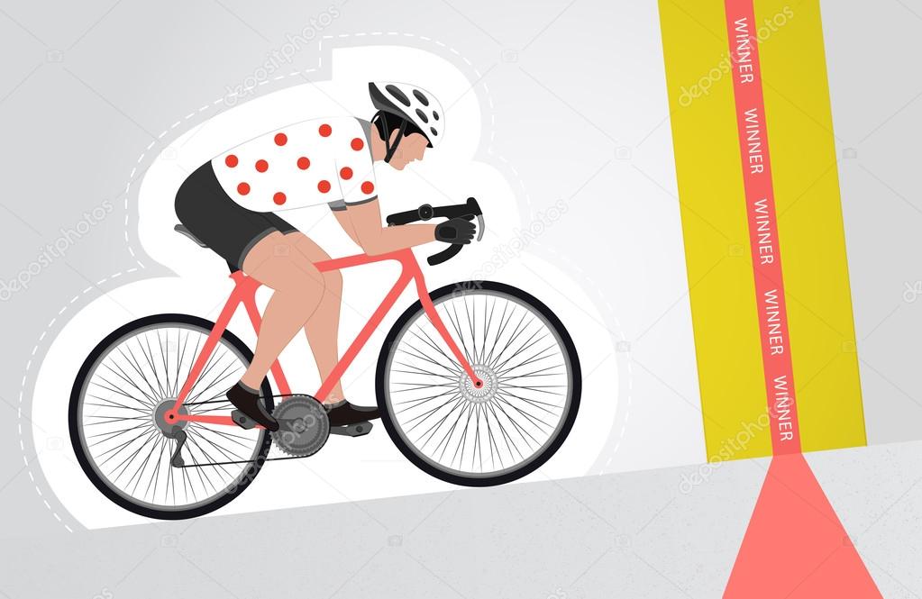 red dot dressed cyclist riding upwards to finish line vector isolated
