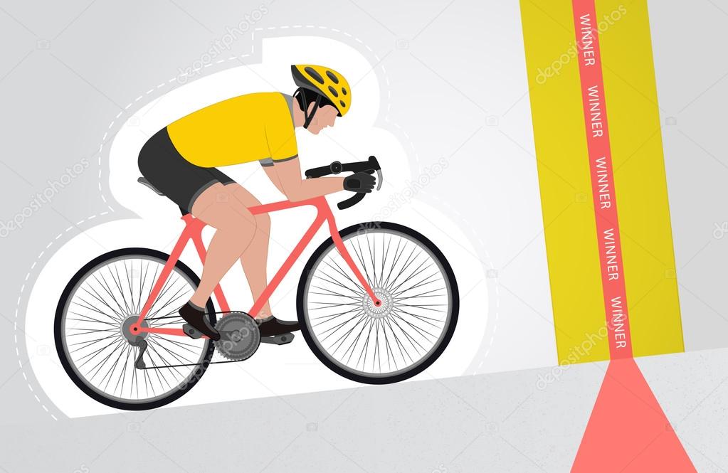 yellow dressed cyclist riding upwards to finish line vector isolated