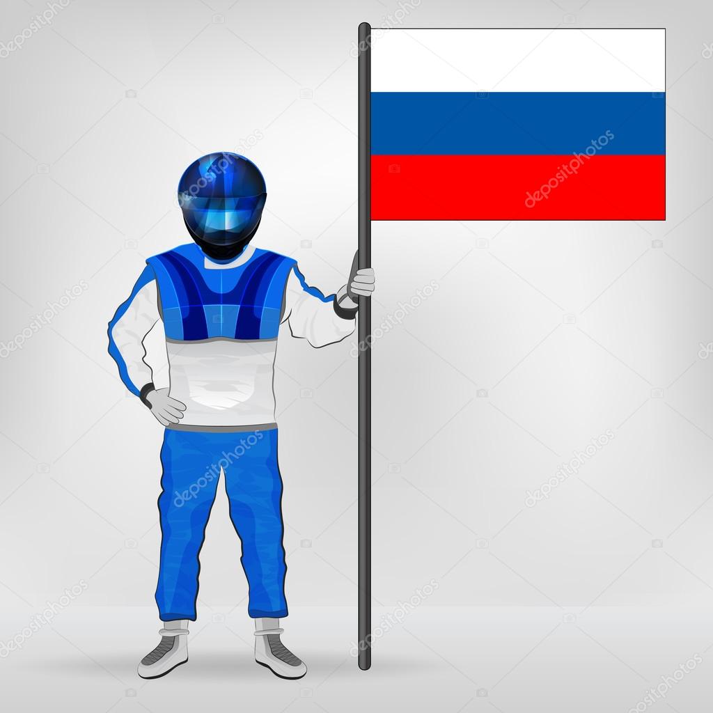 standing racer holding Russian flag vector