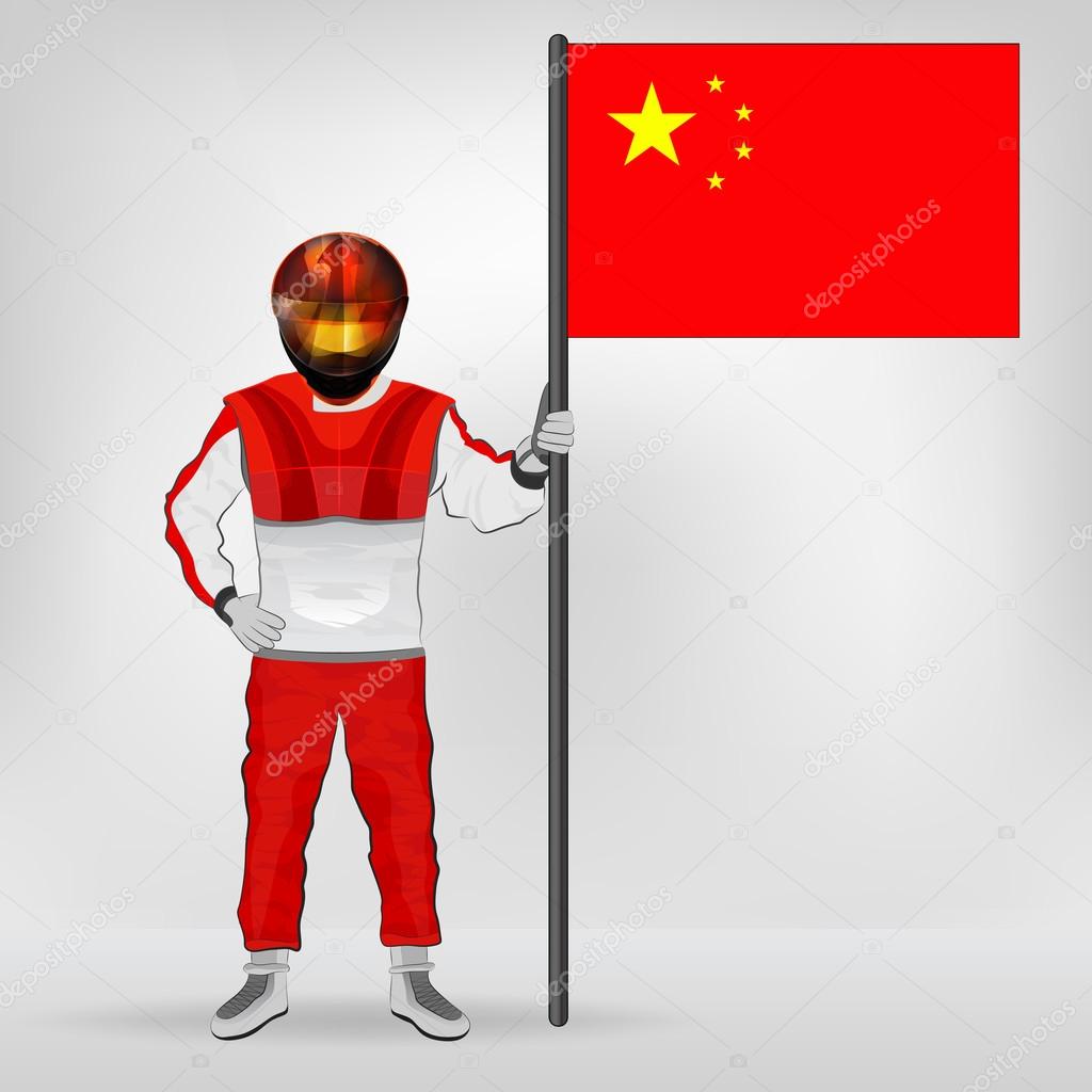 standing racer holding Chinese flag vector