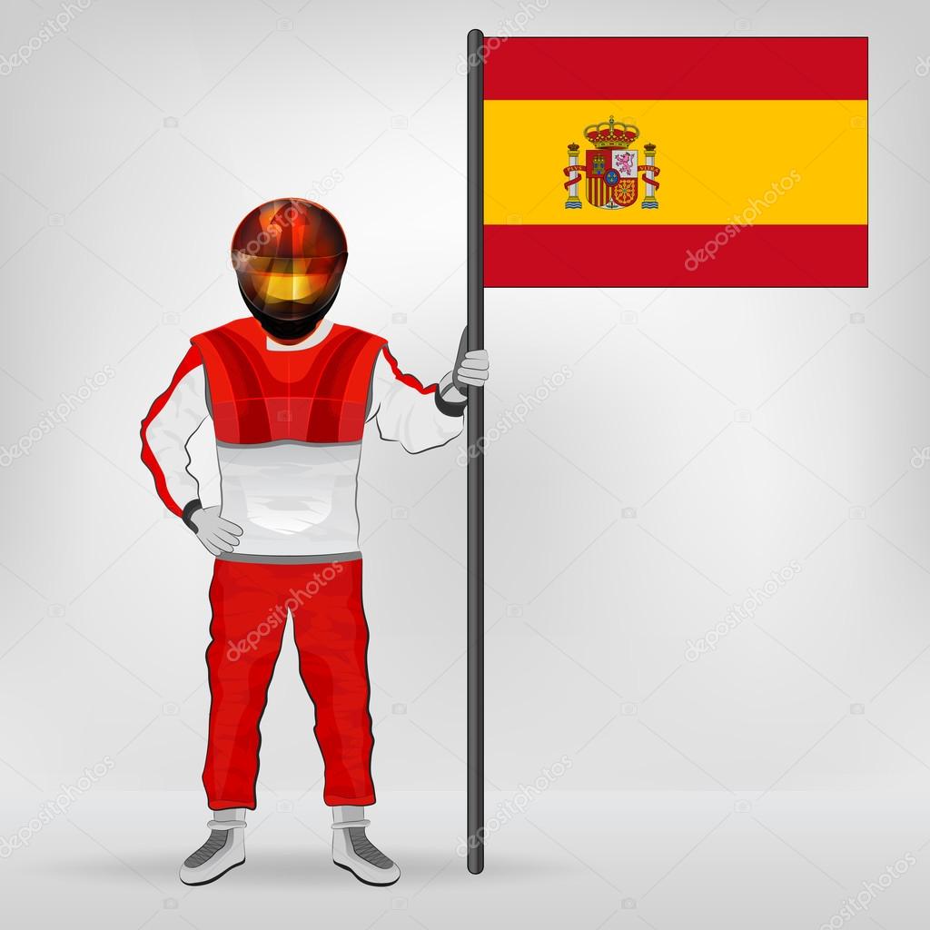 standing racer holding Spanish flag vector
