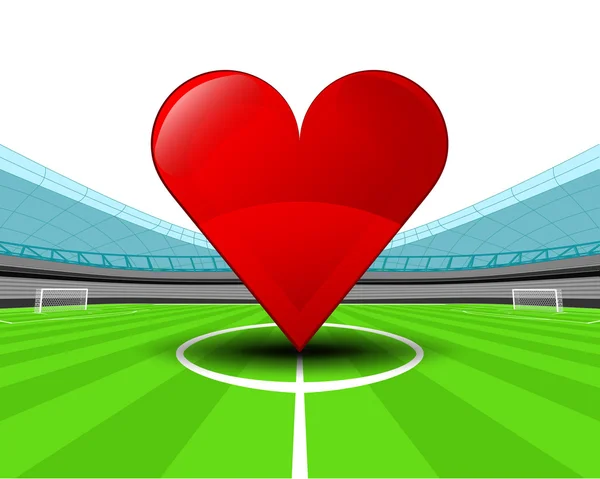 Red heart in the midfield of football stadium — Stock Vector