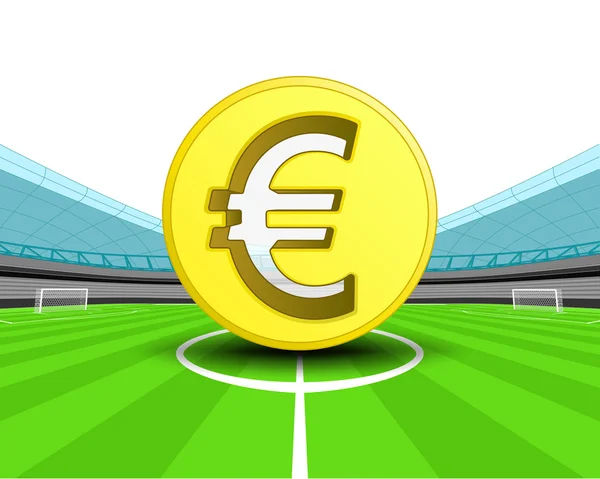 Golden Euro coin in the midfield of football stadium — Stock Vector