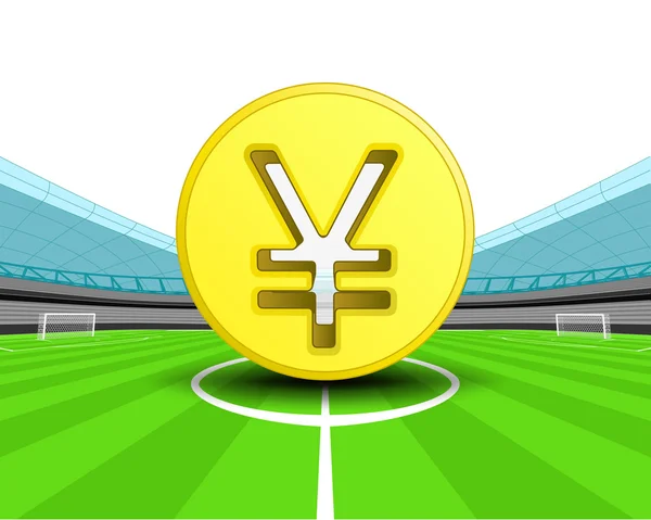 Gyllene yuan mynt på mittfältet av fotbollsstadion — Stock vektor