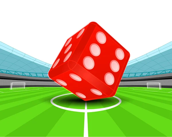 Piros szerencse kocka a középpályán labdarúgó-stadion — Stock Vector