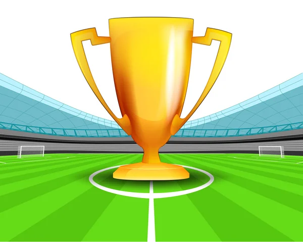 Champion cup in the midfield of football stadium — Stock Vector