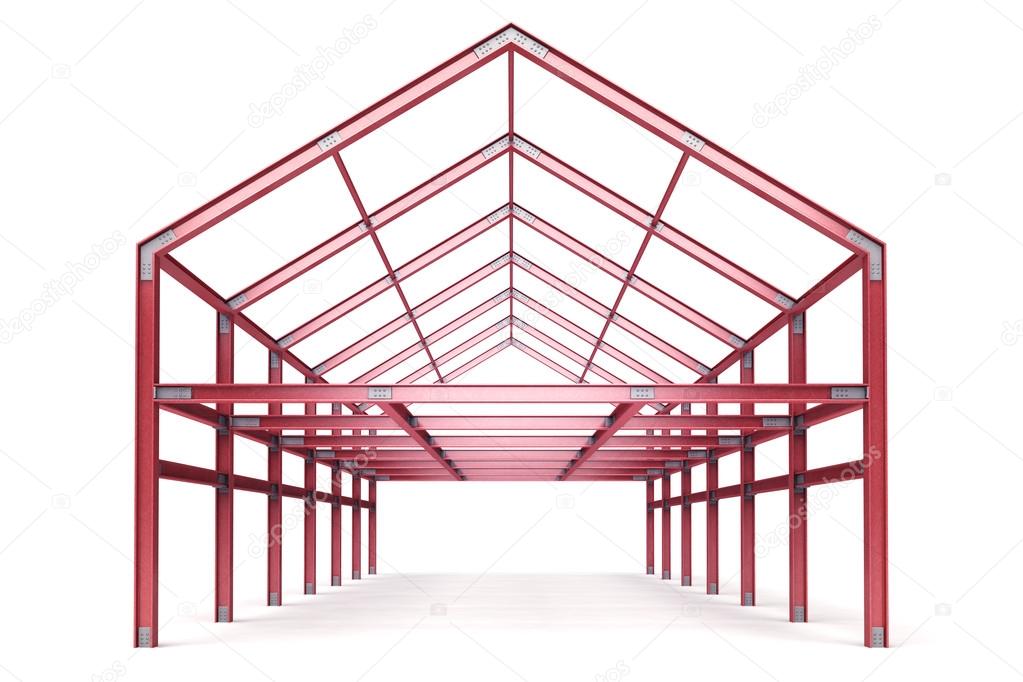 red steel framework building front perspective view