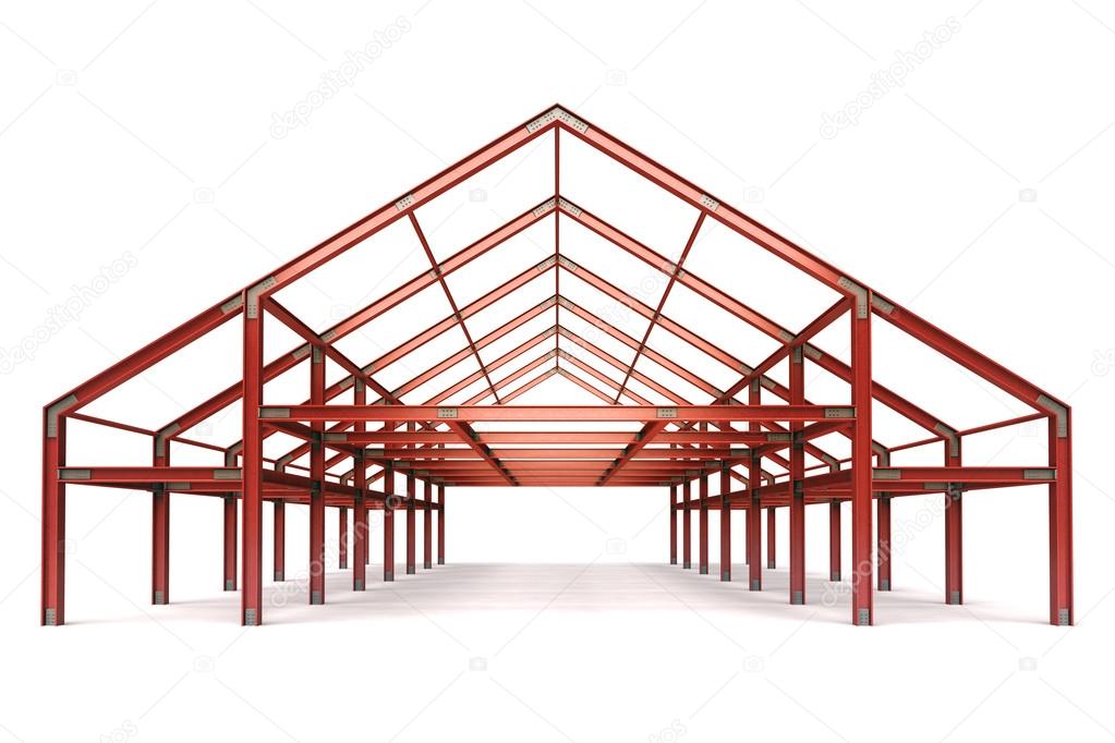 red steel framework wide building front perspective view