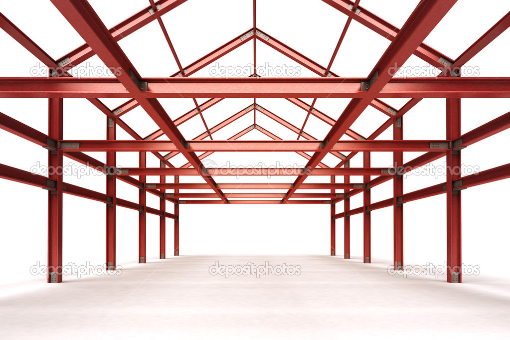 isolated red steel framework building indoor perspective view