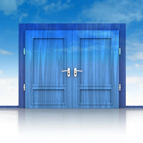 Double wooden door closed in sky background 3D — Stock Photo, Image