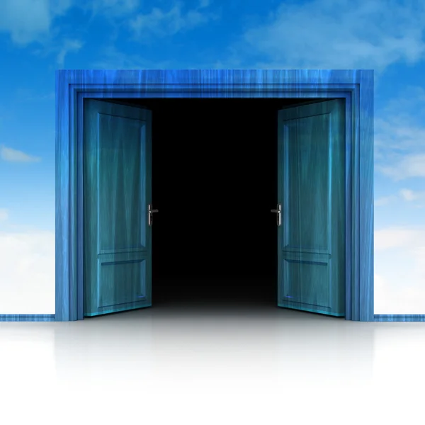 Dubbele houten deur geopend in hemel achtergrond 3d — Stockfoto