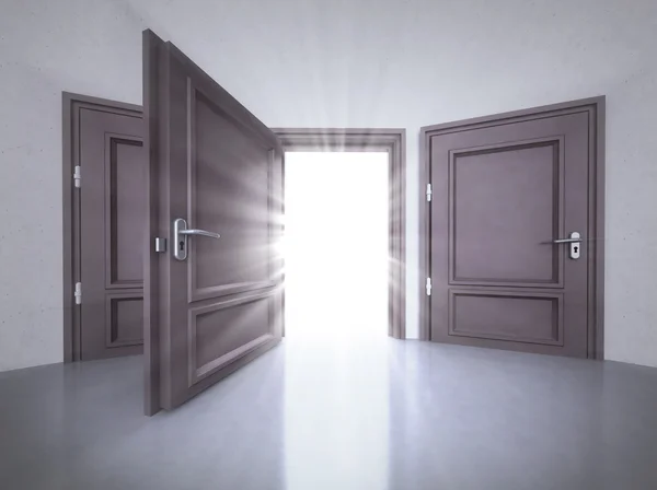 Three doors interior with the open one with flare in 3D — Stock Photo, Image