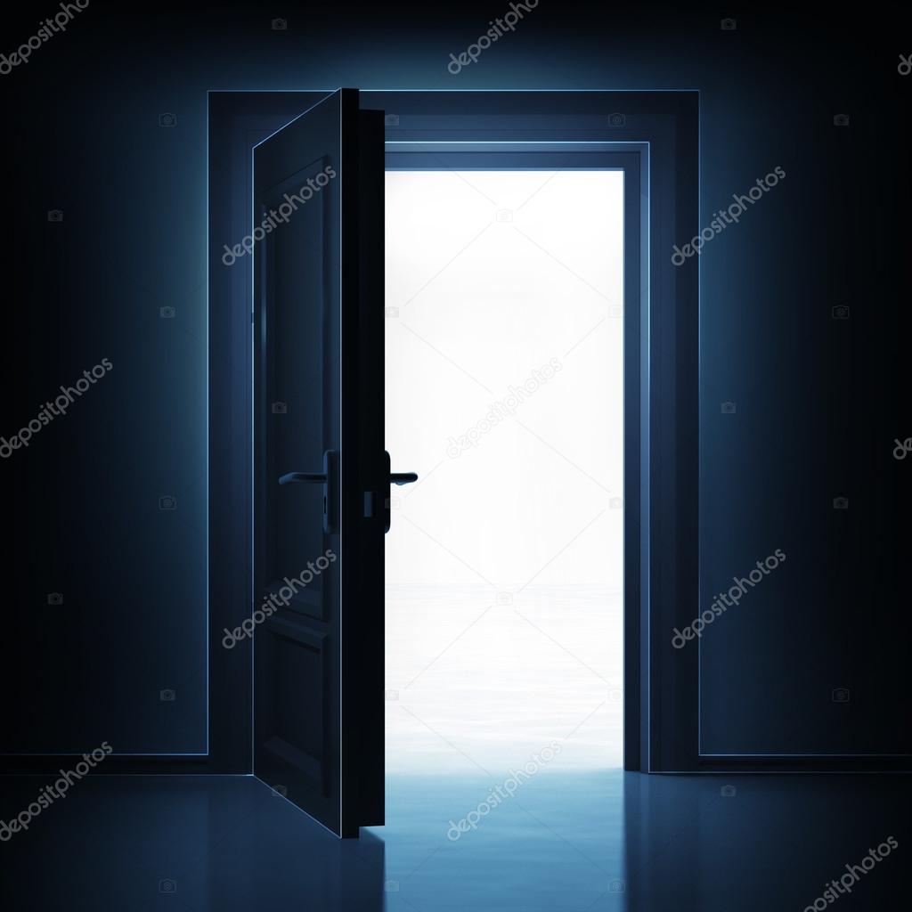 open single door from dark to light space 3D