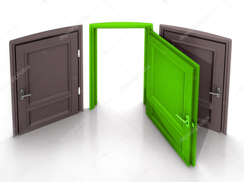 three doors with the middle open one green in 3D