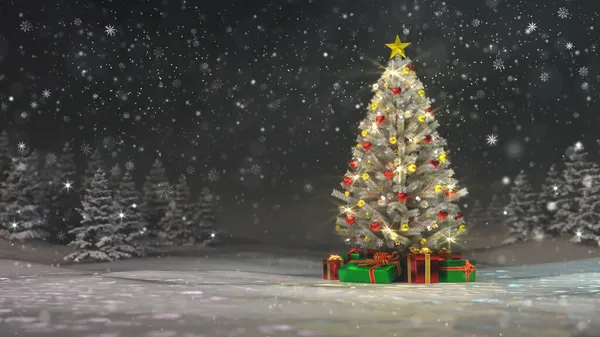 Спокійний Зимовий Пейзаж Снігопадом Прикрашеним Ялиновим Деревом Вночі Xmas Holiday — стокове фото