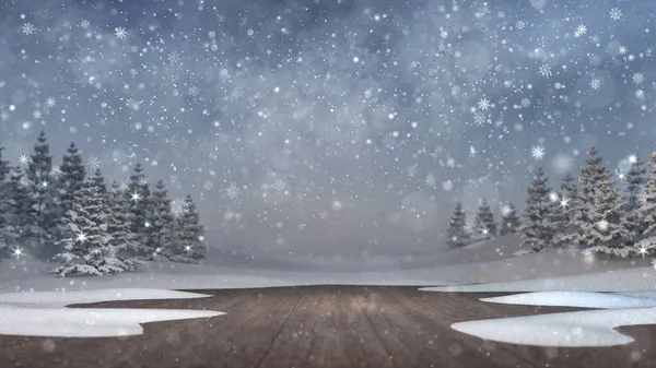 木のデッキに雪が積もり 背景に雪が積もる穏やかな冬の風景 冬休みシーズン3Dイラスト背景 — ストック写真