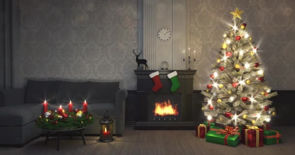在客厅里点缀着红心的圣诞树和灯光 壁炉在时间的循环中闪烁着 寒假4K室内动画 — 图库视频影像