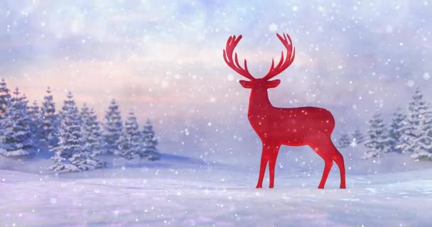 飘飘欲仙的冬季风景 一只红色的驯鹿在雪地里打转 形成了一个动画循环 寒假4K室内动画 — 图库视频影像