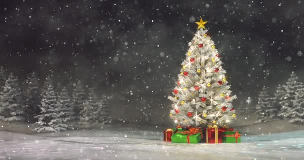 Calma Paesaggio Invernale Con Nevicate Albero Natale Decorato Luci Notte — Video Stock