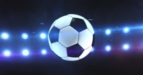 Fliegender Fußball Und Fußball Mit Blinkenden Stadionscheinwerfern Der Nacht Rotierender — Stockvideo