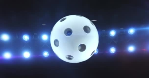 Flying Floorball Ball Flashing Stadium Spotlights Night Rotating Sport Ball — Stock Video