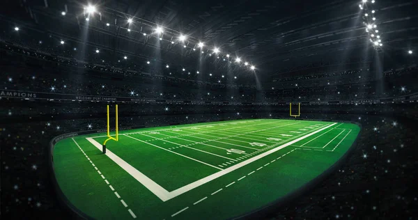 American football stadium with yellow goal posts, grass field and fans at corner general view. Digital 3D illustration for sport advertisement.