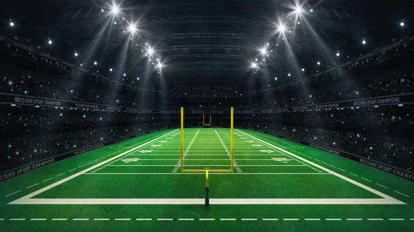 美式足球体育场有黄色的门柱 草场和球迷在操场的视野 体育广告数字3D插图 — 图库照片#