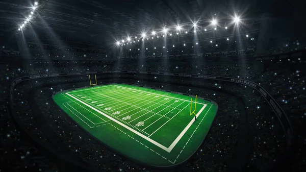 美国足球场有黄色的门柱 草场和球迷在上面的视野 体育广告数字3D插图 — 图库照片#