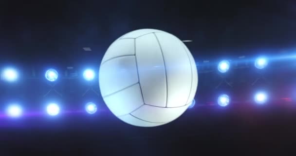 Flying Volleybal Met Knipperende Stadion Spots Nacht Draaiende Sportbal Sport — Stockvideo