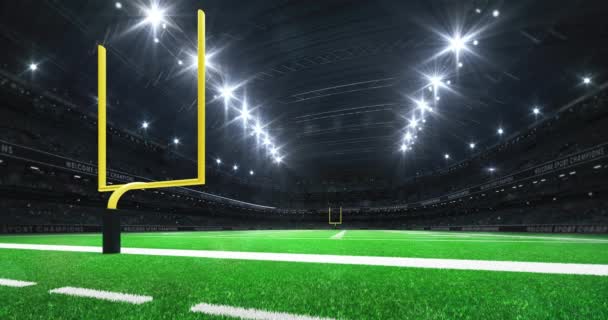 American Football Stadium View Yellow Goal Post Grass Field Glowing — Stock Video