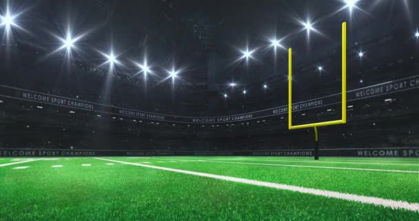 American Football Stadium Yellow Goal Post Side Grass Field Glowing — Stock Video